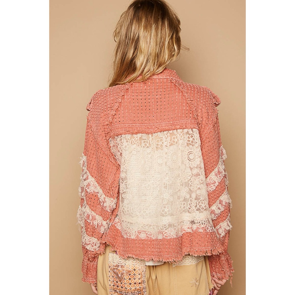 POL Coral Pink Twill & Lace Patchwork Jacket | Button Front Balloon Sleeves - Picture 4 of 6